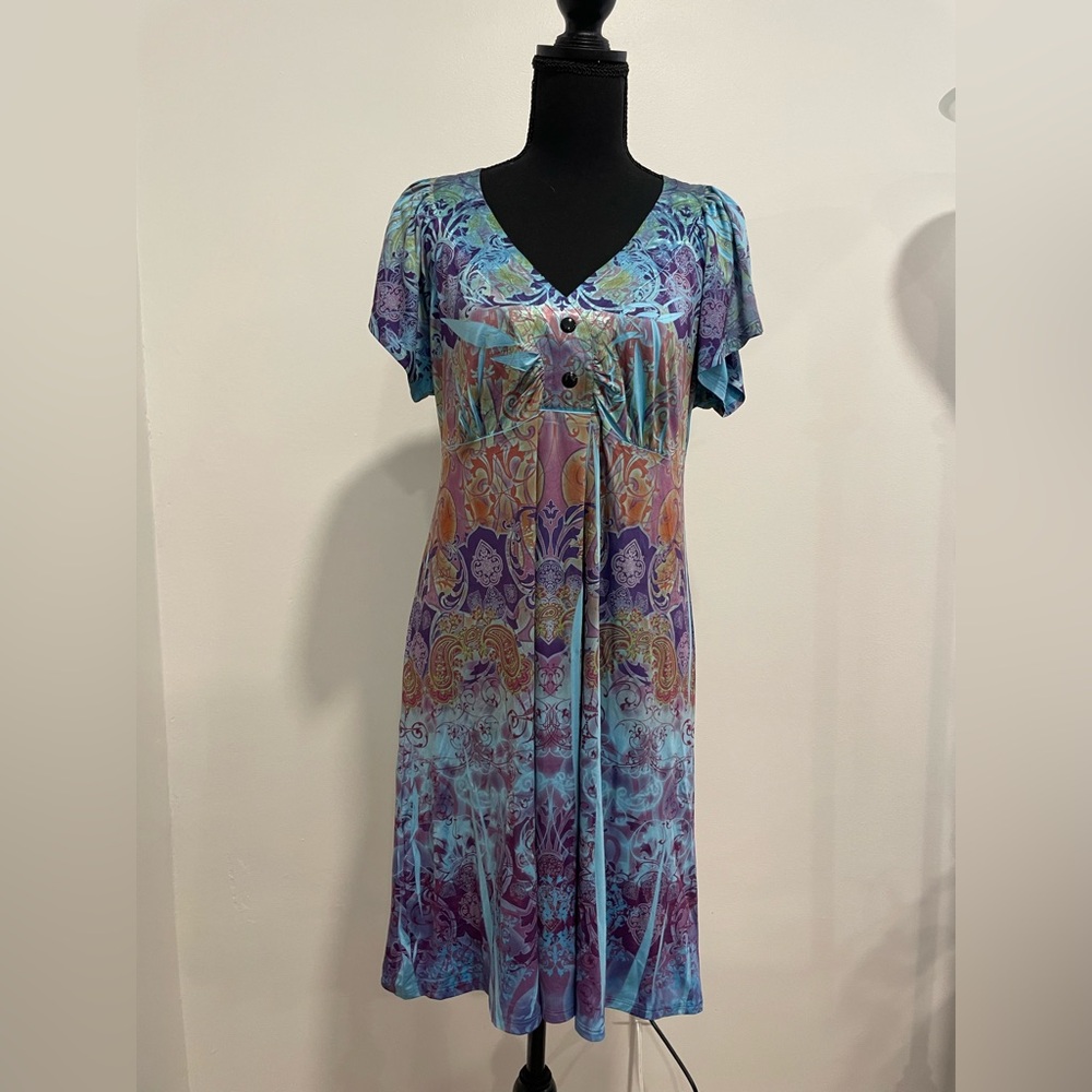 Colorful Paisley V-Neck Dress. Boho hippie Energe Large. Lightweight fabric